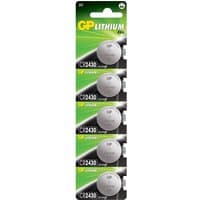 GP CR2430 3V lithium batteries, 5-pack, silver coin shape, green and black packaging with yellow GP logo.
