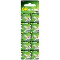 Green pack of 10 GP LR41 alkaline button cell batteries with yellow branding and 1.5V label.