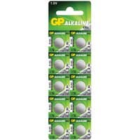Green and yellow GP LR44 1.5V alkaline button cell batteries, 10-pack, in blister packaging.