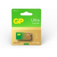 GP Ultra Alkaline 9V battery in green and gold packaging with "Ultra" and "1 Pack" text.