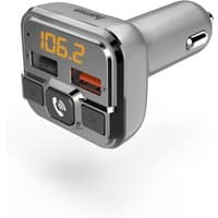 Silver Hama FM transmitter with digital display, dual USB ports, and cigar lighter plug.