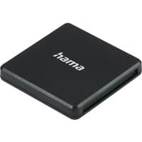 Black Hama USB 3.2 Gen 1 Type-A card reader with compact square design and white logo on top.