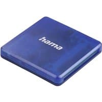 Blue Hama USB 2.0 card reader, square shape with rounded edges, translucent casing, Hama logo on top.