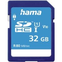 Blue and white Hama 32 GB SDHC memory card, UHS-I Class 10, with lock switch and speed label R80 MB/sec.