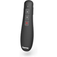 Black Hama wireless presenter with three buttons and red laser pointer button.