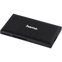 Black Hama USB 3.2 Gen 1 card reader with Type-A connector, sleek rectangular design, and multiple card slots.