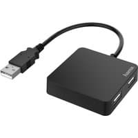Black Hama USB 2.0 hub with four ports and attached cable, compact square design.