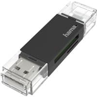 Black Hama USB/Micro-USB card reader with transparent caps and dual slots for various memory cards.