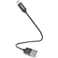 Black Hama 0.2m lightning cable with USB-A and lightning connectors, flexible and compact design.
