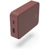 Red Hama power bank, 10000 mAh, rectangular, with USB and USB-C ports, textured surface, and Hama logo on top.