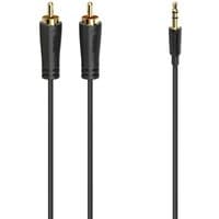 Black Hama audio cable, 1.5m, with 3.5mm jack and two RCA connectors, gold-plated tips.