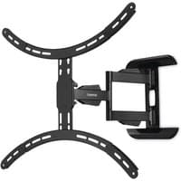 Black Hama TV mount with adjustable arms for 75" screens, featuring a sleek, curved design and sturdy wall bracket.