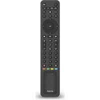 Black Hama remote control with circular navigation pad, colorful buttons, and labeled for AV receiver, DVD/Blu-ray, TV.