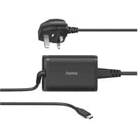 Black Hama 73200006 laptop power plug with UK three-pin plug, rectangular adapter, and USB-C connector.