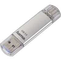 Silver Hama USB flash drive with dual Type-A and Type-C connectors, clear protective caps, and USB 3.2 Gen 1.