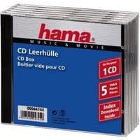 Hama CD Jewel Case Standard pack, black C-shell, holds 1 disc, transparent cover, set of 5 cases.