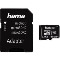 Black Hama microSDHC 32GB card with UHS-I Class 10, 80MB/s speed, includes black adapter with white text.