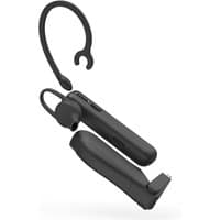 Black Hama MyVoice Station wireless Bluetooth headset with ear-hook design, compact earpiece, and charging dock.