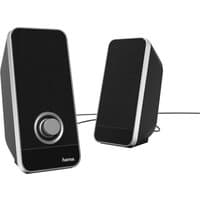 Black and silver Hama Sonic LS-206 speakers with volume knob and wired connection.