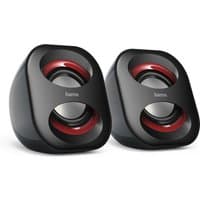 Black and red Hama Sonic Mobil 183 wired speakers with circular design and 3W output.