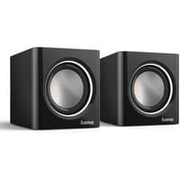 Black and silver Hama Sonic Mobil 185 wired speakers, cube-shaped with a circular silver speaker grille.