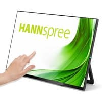 27" Hannspree monitor with slim black bezel, touchscreen, and green abstract display on screen.