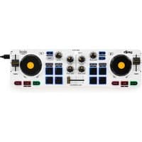 Black, white, yellow DJ controller with two jog wheels, multiple knobs, buttons, and a central fader.