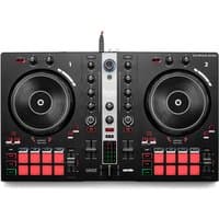 Black Hercules DJ Control Inpulse 300 MK2 with dual jog wheels, red and green buttons, and central mixer controls.