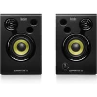 Black Hercules DJMonitor 32 speakers with yellow woofers, dual tweeters, and volume knob on the right speaker.