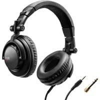 Black Hercules HDP DJ45 wired headphones with padded ear cups, adjustable headband, and detachable audio cable with adapter.
