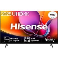 Hisense 55" E6QTUK 4K Ultra HD Smart TV, vibrant display, thin bezels, dual stand, Freely branding on screen.