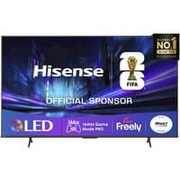 Hisense 55" 4K QLED Smart TV with thin bezels, 144Hz display, FIFA branding, and sleek black stand.