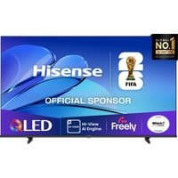 Hisense 85" E7QTUK QLED Smart AI TV with Freely, sleek black frame, vibrant display, FIFA sponsor logo.