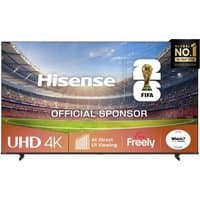 Hisense 75" UHD Smart 4K TV with slim black bezel, FIFA sponsor logo, and vibrant stadium display.