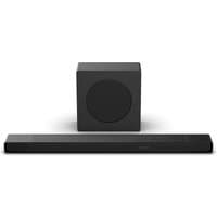Black Hisense AX3120Q Dolby Atmos soundbar with sleek rectangular design and matching cube subwoofer.