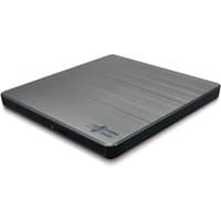 Slim black and silver Hitachi-LG portable DVD-writer with brushed metal finish and compact design.