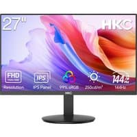 27" HKC Full HD monitor with thin bezels, IPS panel, 144Hz refresh rate, vibrant display, and black stand.