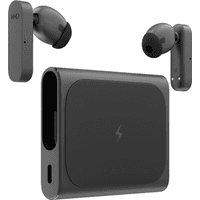 Black HMD Amped Buds wireless earphones with integrated powerbank, sleek rectangular case, and lightning bolt icon.