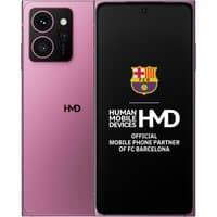 Pink HMD Skyline 5G smartphone, dual rear cameras, 6.55" pOLED display, FC Barcelona branding on screen.