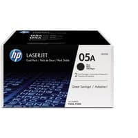HP 05A 2-pack black LaserJet toner cartridges in a black and white box with blue text accents.