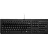Black HP 125 Wired Keyboard with full-size layout, numeric keypad, and function keys, featuring a slim design.