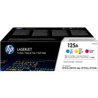 HP 125A 3-pack toner cartridges in black box with cyan, magenta, yellow color dots and LaserJet branding.