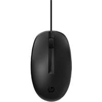 Black HP 128 Laser Wired Mouse with sleek design, scroll wheel, and HP logo on top.