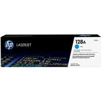 HP 128A Cyan LaserJet toner cartridge in black box with blue accents and HP logo.