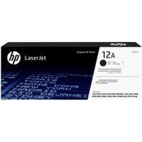 HP 12A black LaserJet toner cartridge box with HP logo, white and black design, and product details on the side.