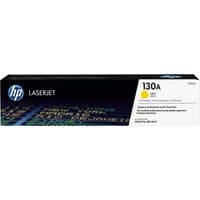 HP 130A Yellow LaserJet toner cartridge in black box with colorful graphics and HP logo.