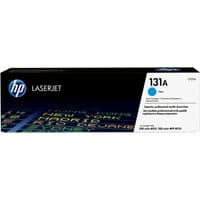 HP 131A Cyan LaserJet toner cartridge box with blue accents and HP logo on black background