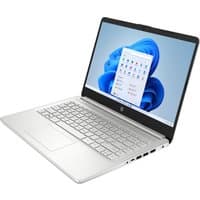 Silver HP 14-inch laptop with AMD Ryzen 7, full HD display, backlit keyboard, and Windows 11 interface shown on screen.