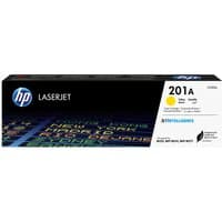 HP 201A Yellow LaserJet toner cartridge box with blue HP logo and colorful text design.