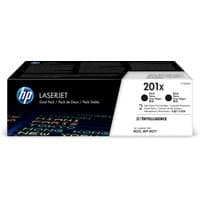 HP 201X 2-pack black toner cartridges in black and white box with blue HP logo and LaserJet branding.